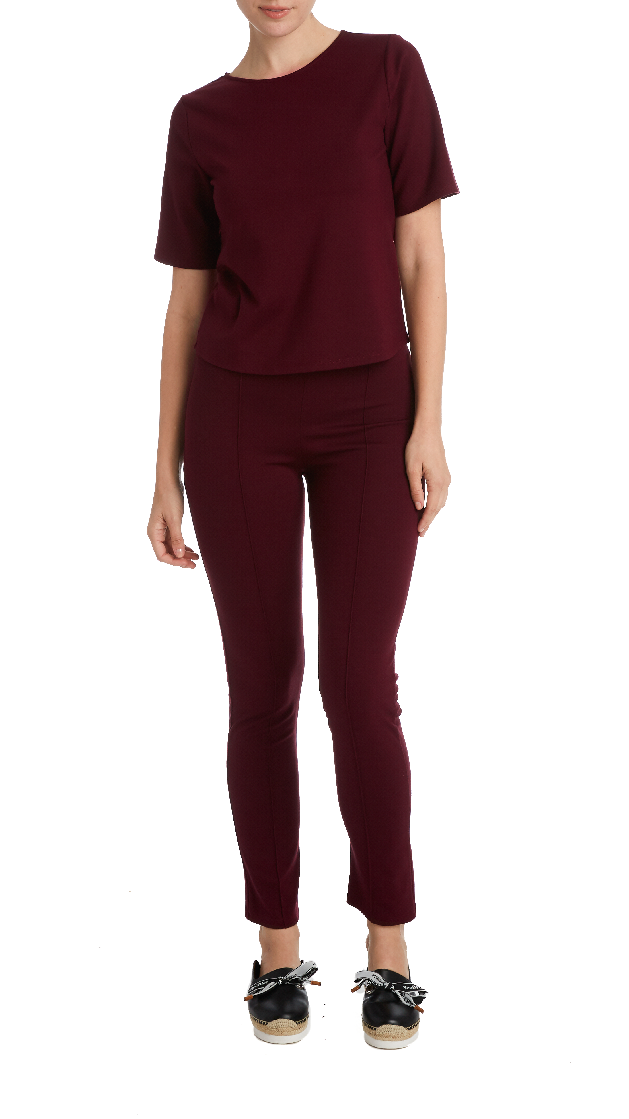 Ripley Rader - Wholesale Knit Top - Women's - Burgundy Ponte Knit Short Sleeve Extended Tee3
