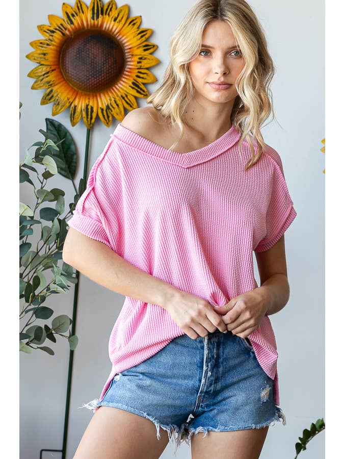 7th Ray - Wholesale Knit Top - Women's - V-Neck Solid Twist Rib Women's Knit Top T5545XL