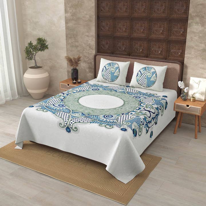 JaipurFabric® - Wholesale Bedding Blanket - Cosmic Kolam Blue Double Bedsheet