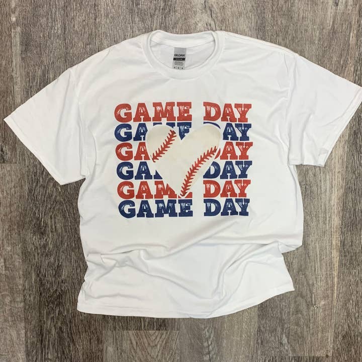Baseball Game Day Stacked on White Tee for wholesale by RMN Wholesale