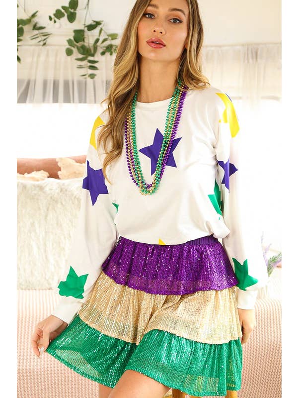 Vine & Love - Wholesale Sweatshirt - Women's - Mardi Gras Crew Neck Long Sleeve Star Jersey Top VT81357DP9