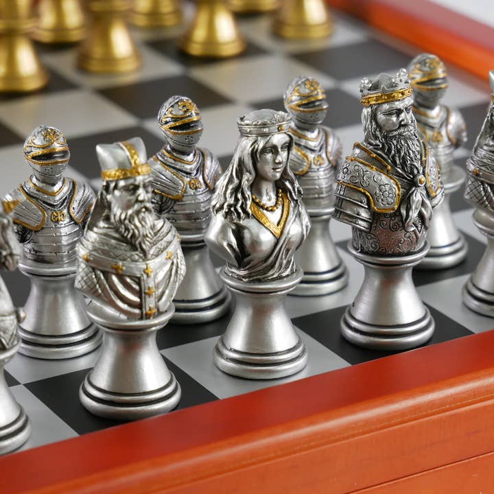 WorldWise Imports - Wholesale Board Game - Chess Set - Gold/Silver Camelot Resin Men on Cherry Chest