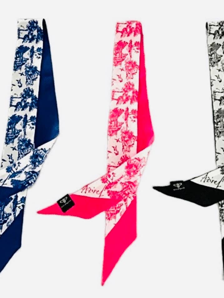 Small yet iconic long thin Twilly Scarf Silk in toile print! for wholesale by Malibu & Beyond Co /LENNOX MODE