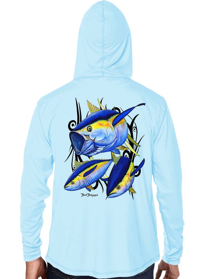 Men's Yellowfin Tuna Arctic Blue Performance Hoodie for wholesale by David Dunleavy