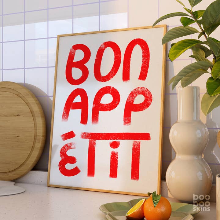 Bon Appetit Art Print - Hand Lettered Kitchen Poster - Red for wholesale by BOOBOOSKINS