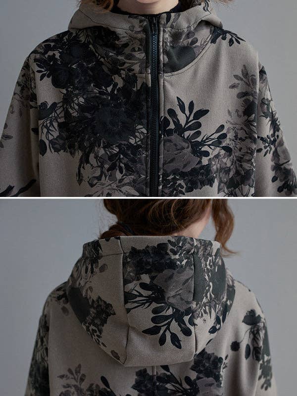 SAME AS PICTURE Artistic Retro Loose Floral Printed Hooded Long Sleeves Outwear for wholesale on Faire9