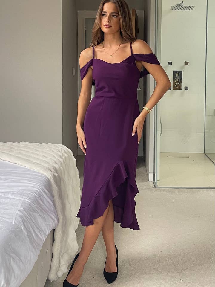 Kamilla Purple Asymmetric Off Shoulder Midi Dress for wholesale by Girl in mind