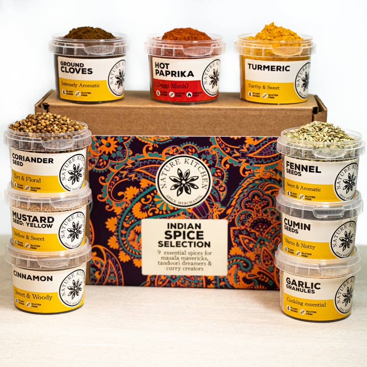 Nature Kitchen Co Ltd - Wholesale Dried Spice Mix - Indian Spice Selection Gift Box with 9 Spice Pots and Recipe Cards