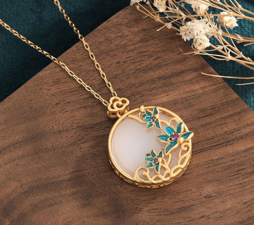 Bright MacMing - Wholesale Pendant/Charm Necklace - Blue Enamel Flowers on Jade Necklace3