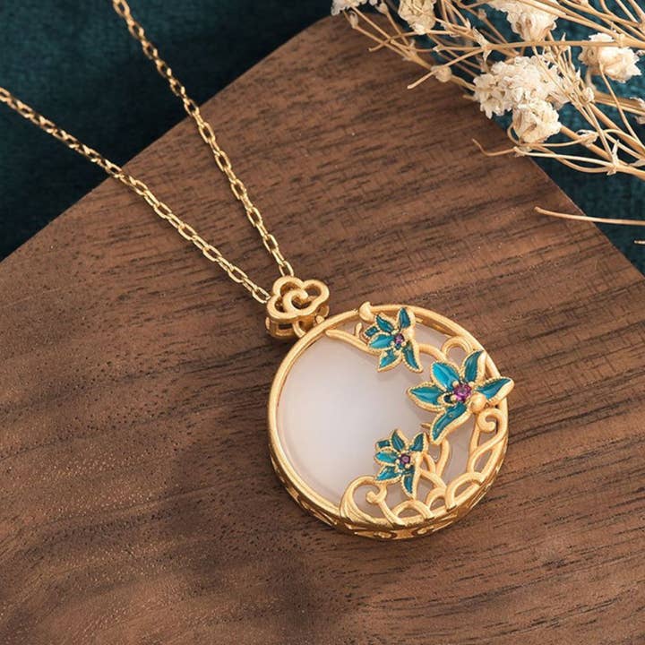 Bright MacMing - Wholesale Pendant/Charm Necklace - Blue Enamel Flowers on Jade Necklace3