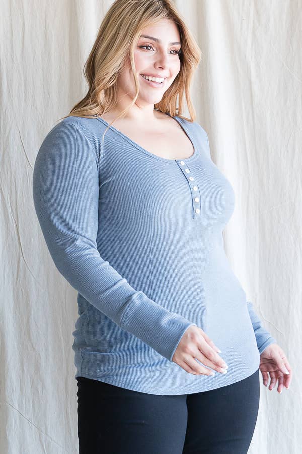 7th Ray - Wholesale Knit Top - Women's - [PLUS SIZE] Thermal Button Front Scoop Neck Top T4316XL2