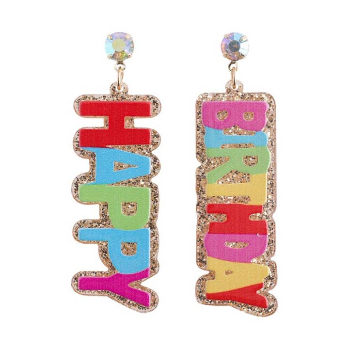 Multi-Color Glitter Happy Birthday Earrings - 28396MU-G for wholesale by Selini New York