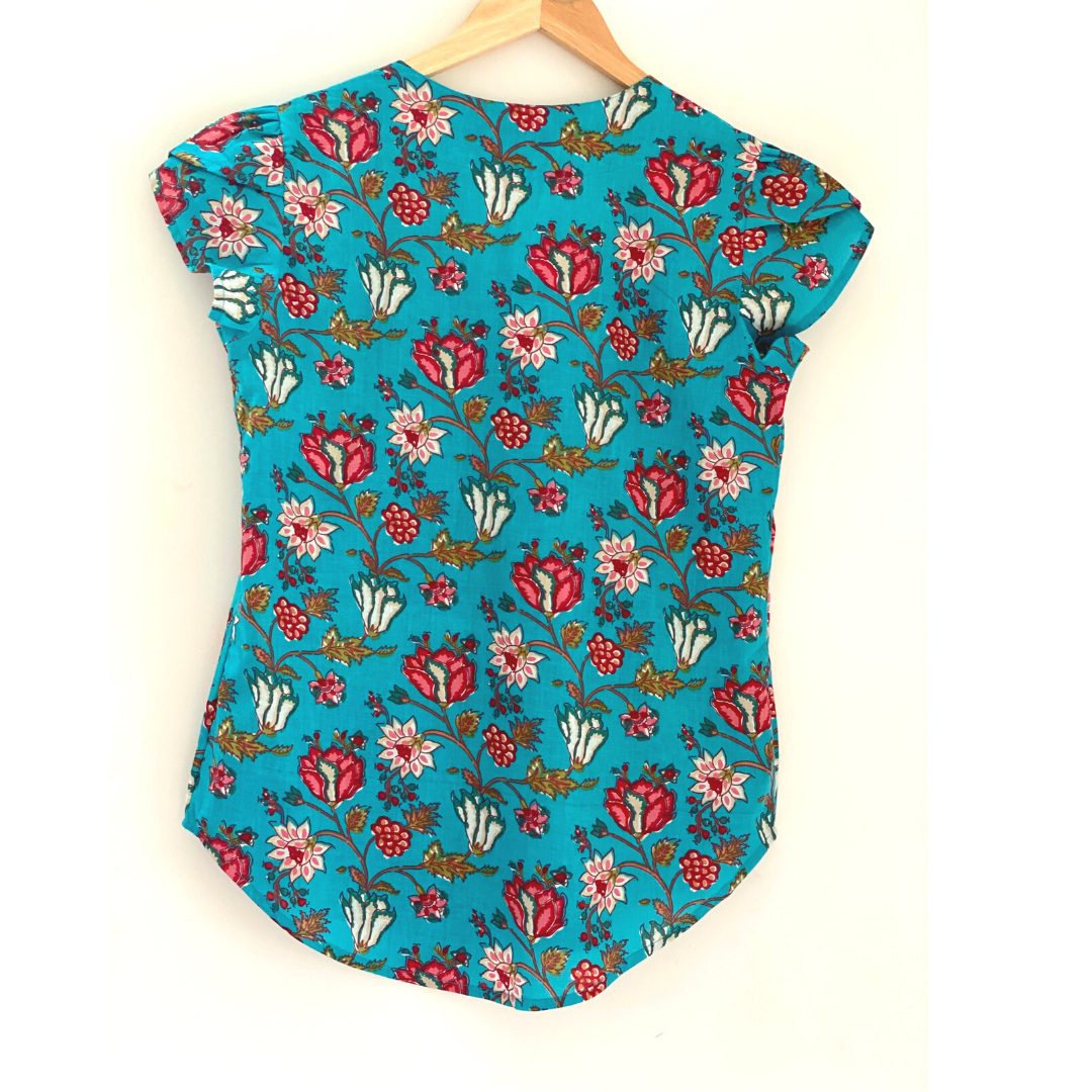 The Indian Bazaar - Wholesale Blouse - Dames - Dames Top - Relaxed Fit Ronde U-hals bloembladmouw Turquoise6