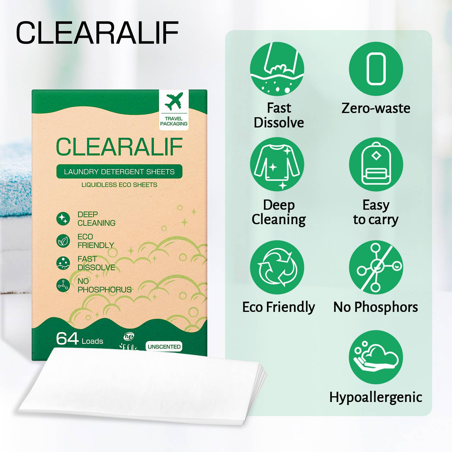 Clearalif - Vente Lessives en poudre/dosettes - Feuilles de détergent à lessive CLEARALIF 64 charges, non parfumées1