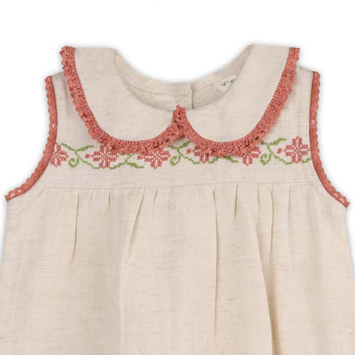 Natural Poppy Floral Embroidered Baby Romper -Linen Blend for wholesale on Faire