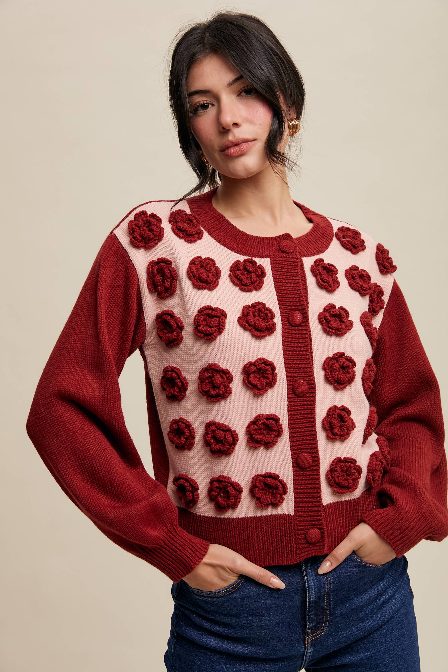 Listicle - Wholesale Cardigan - Women's - Handmade Rose Applique Knit Cardigan0