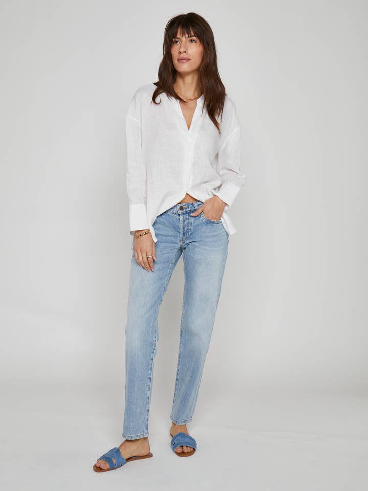 Chester Low Rise Slim Straight Jean, Light Indigo Worn for wholesale by Oliver Logan