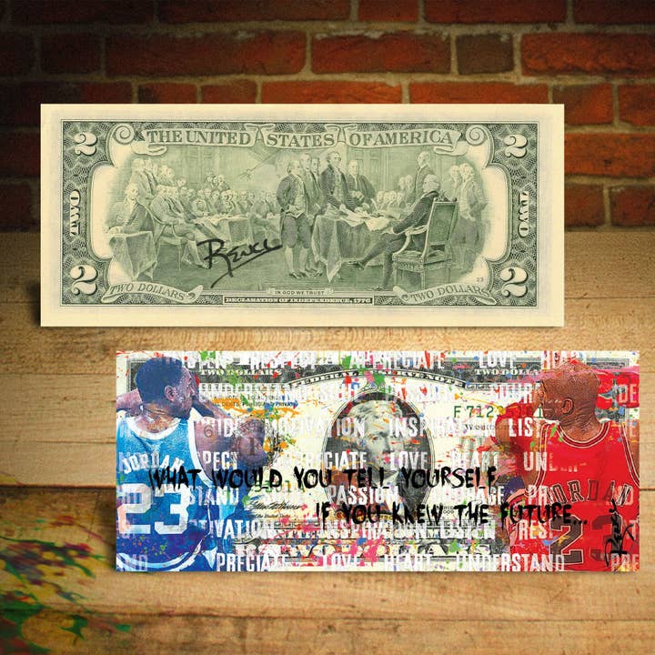 Michael Jordan " Tar Heels To Bulls " Pop-Art Genuine Legal 2 Dollar Bill - Hand-Signed By Rency. Ships Fast. Free Ship To U.S. for wholesale by The Merrick Mint