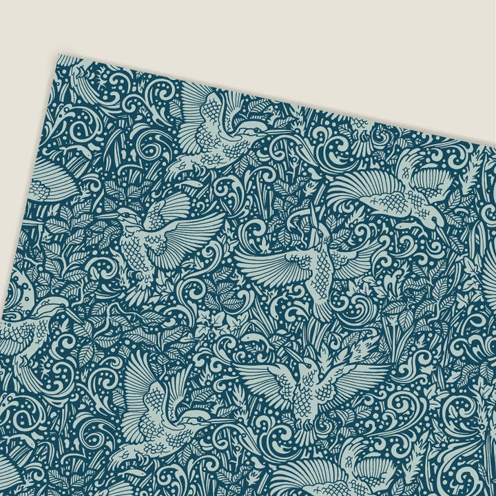 Kingfisher Wrapping Paper Sheet. Illustrated teal gift wrap. for wholesale by flight & fancy