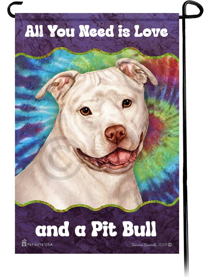Bandera de jardín de Woofstock sin recortar, blanca, con diseño de pitbull para venta al por mayor de Pet Gifts USA, LLC