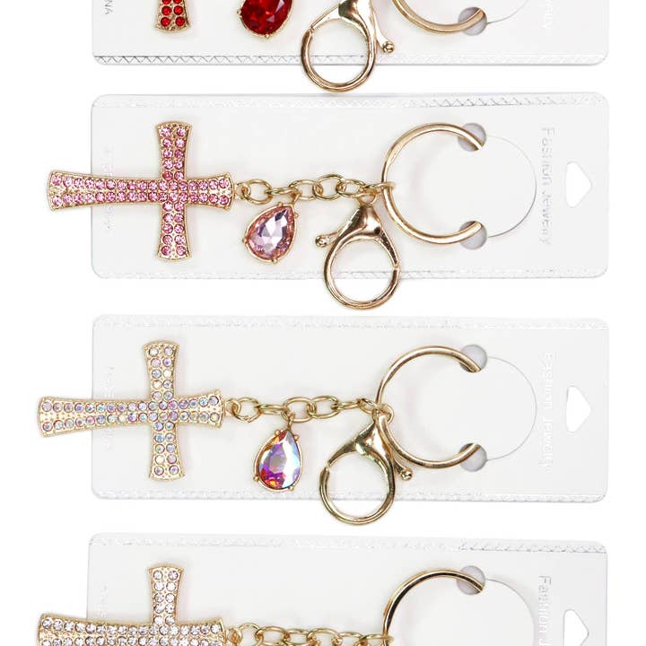 COME MOSTRATO Portachiavi in metallo con pendente a forma di croce e strass in vendita all'ingrosso su Faire1