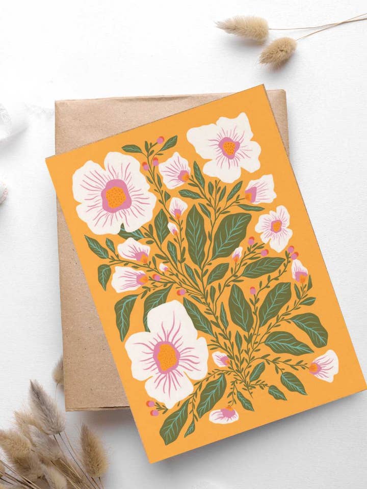 Everyday Greeting Card - White Florals on Mustard Background for wholesale by Vivian Sofia Designs