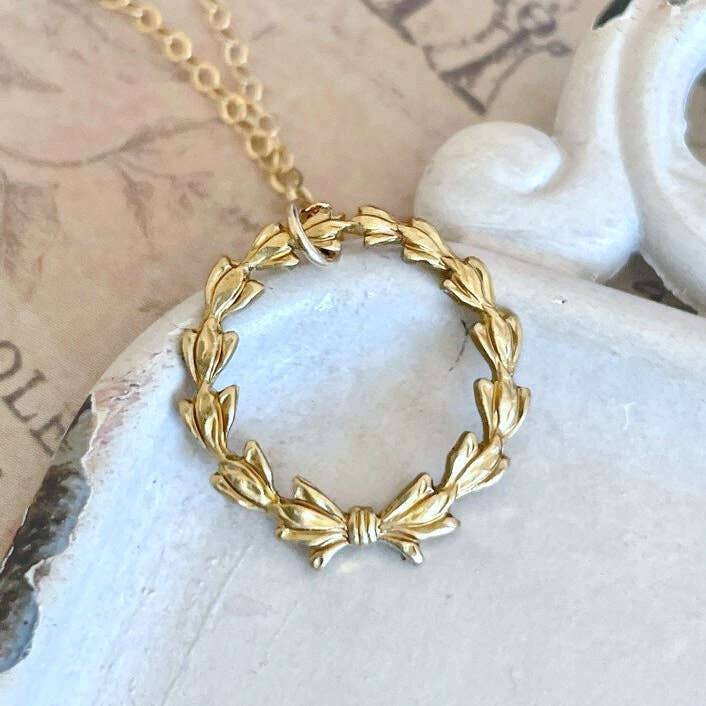 The green antique trunk – wholesale Pendant/charm necklace – Laurel 3 - Wreath Necklace In Antique Gold - Graduation Gift