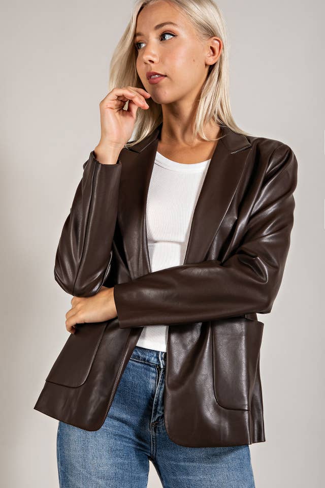 BLK Cj2151 Faux Leather Blazer W/ Padded Shoulder for wholesale on Faire