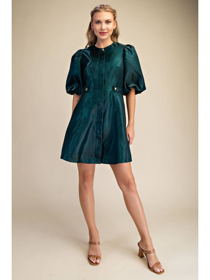 Glam - Wholesale Dress - Women's - Collar Neck Puff Sleeve Waist Detail Shiny Mini Dress5