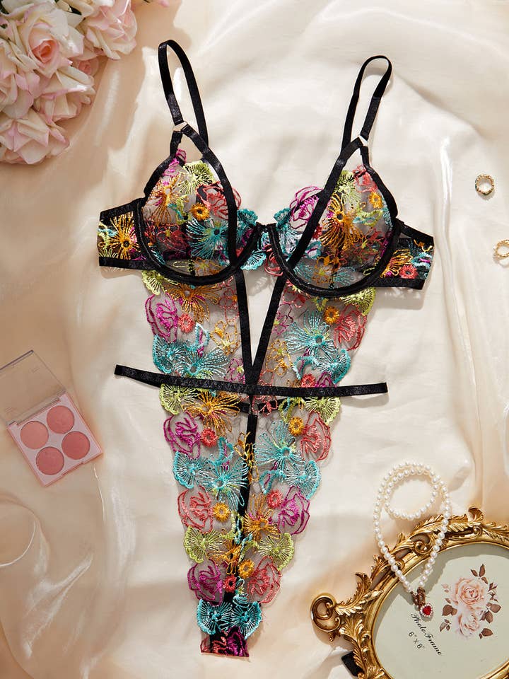 Ladies Rose Embroidery see Through Lingerie Teddy SKLG4163 for wholesale by Sweetkama