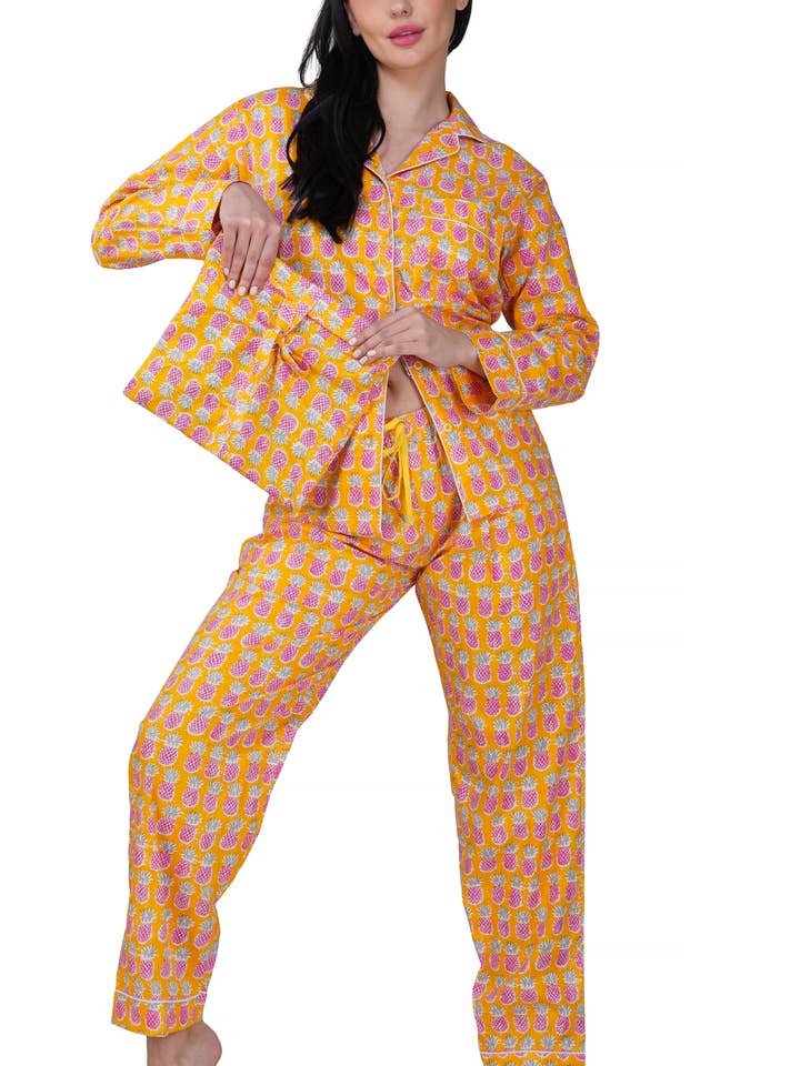 Purple Mohar - Wholesale Sleepwear Set - Women's - Tropical Bliss: 3-Piece Yellow Pink Pineapple Pajama Set