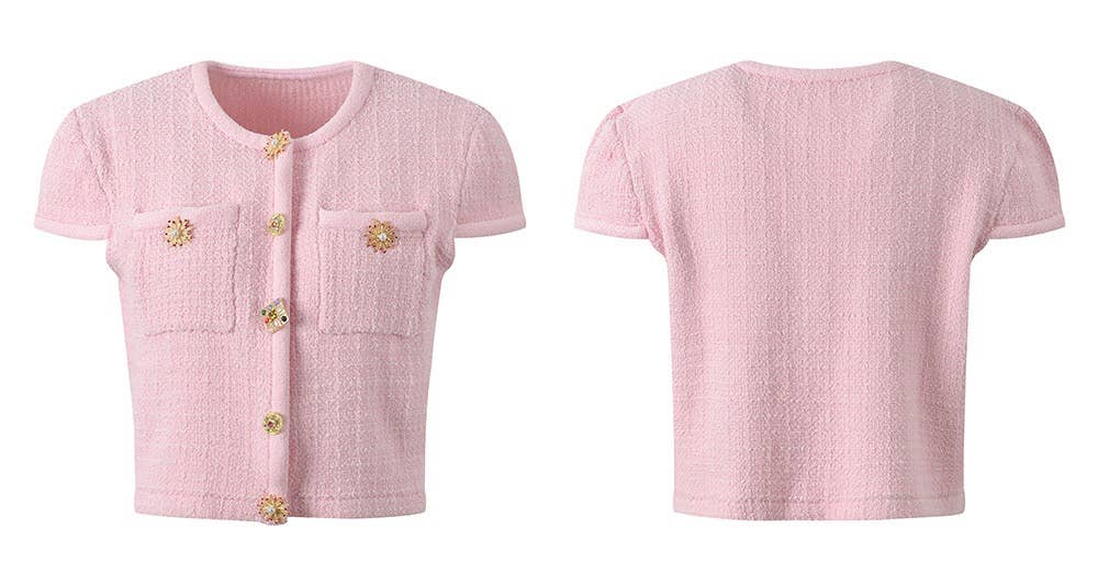 Productseeker – Großhandel Set aus Oberteil und Rock – Damen – SET45Y Tweed-Strick-Set mit kurzem Oberteil und Rock in Diamantknopf-Design7