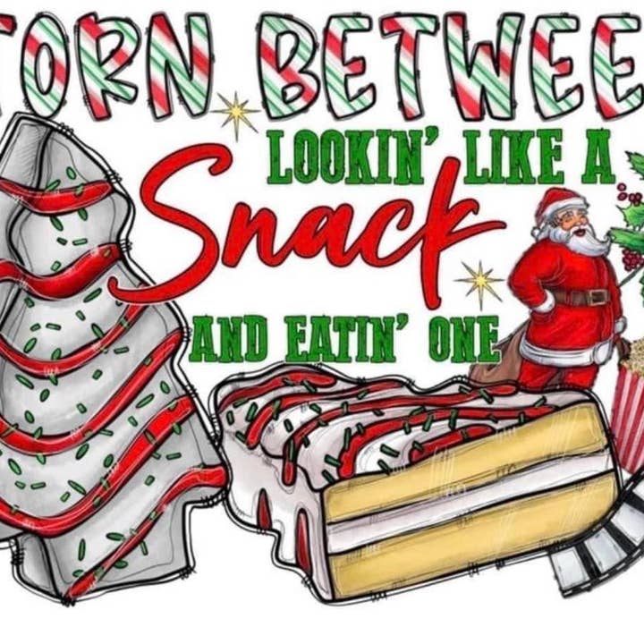 TORN BETWEEN SNACK CHRISTMAS CAKE DTF PRINT for wholesale by Midwest Prints
