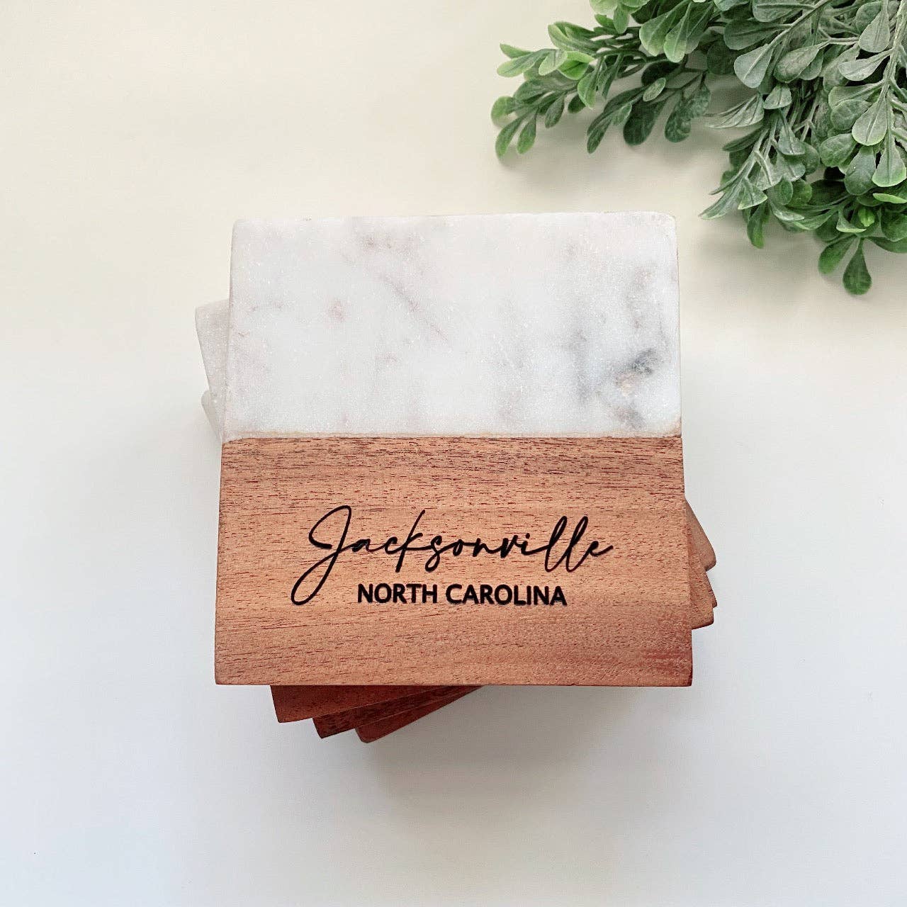 M.Ree Jewels Creative - Wholesale Coasters - Personalized City and State Marble & Acacia 4pc Coasters