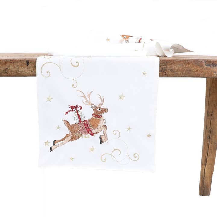 16" x 36" Reindeer With Gifts Christmas Table Runner for wholesale by Xia Home Fashions & Manor Luxe