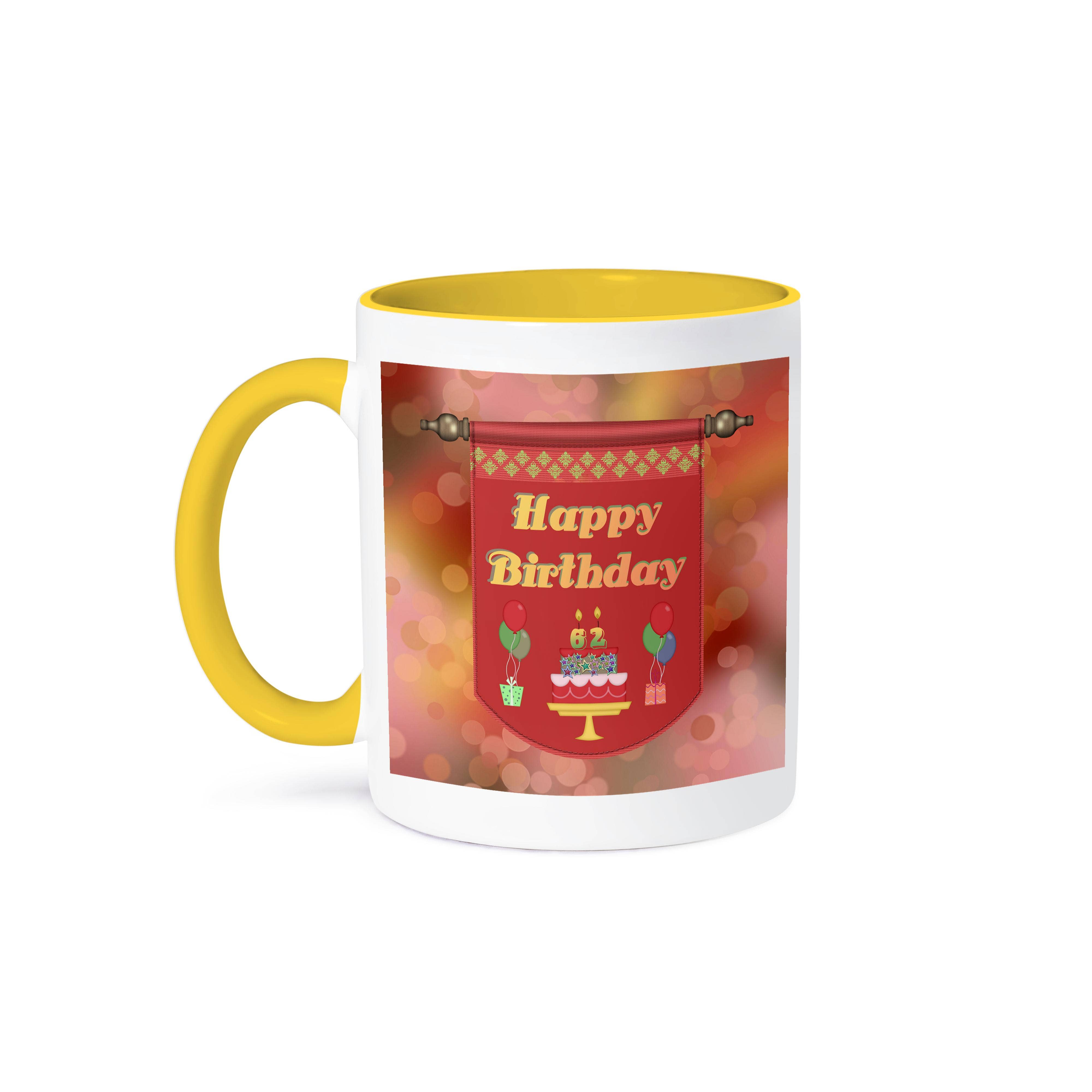 3dRose - Wholesale Coffee Mug - 3dRose, Happy 62nd Birthday Banner, Cake with Gifts and Balloons, Mug0