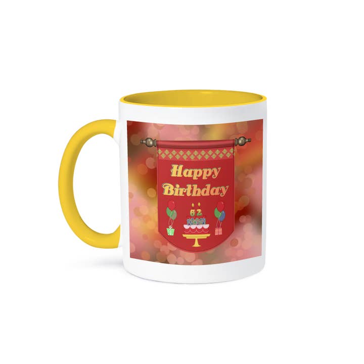 3dRose - Wholesale Coffee Mug - 3dRose, Happy 62nd Birthday Banner, Cake with Gifts and Balloons, Mug