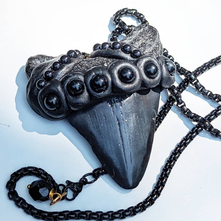 Gay Isber Designs - Wholesale Pendant/Charm Necklace - Real Megalodon Shark Tooth Fossil pendant Black Swarovski Pearls Unisex Statement Sugar Gay Isber 27 inch black chain7