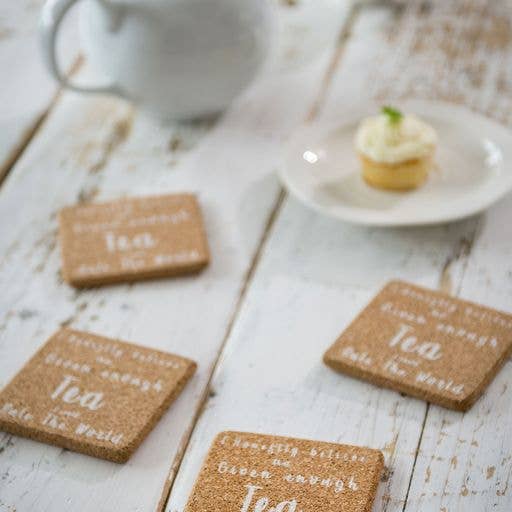 S/4 Cork Coasters Tea slogan voor wholesale door Retreat Home Ltd