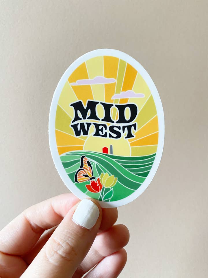 “Midwest” farmland scene vinyl sticker for wholesale by Bottlebrush Graphics