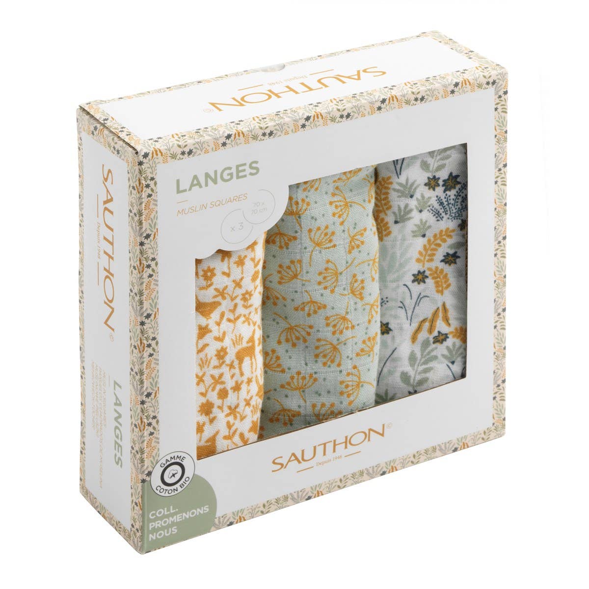 Sauthon - Wholesale Swaddle - Baby - BOX OF 3 ORGANIC DIAPERS LET'S GO FOR A WALK1