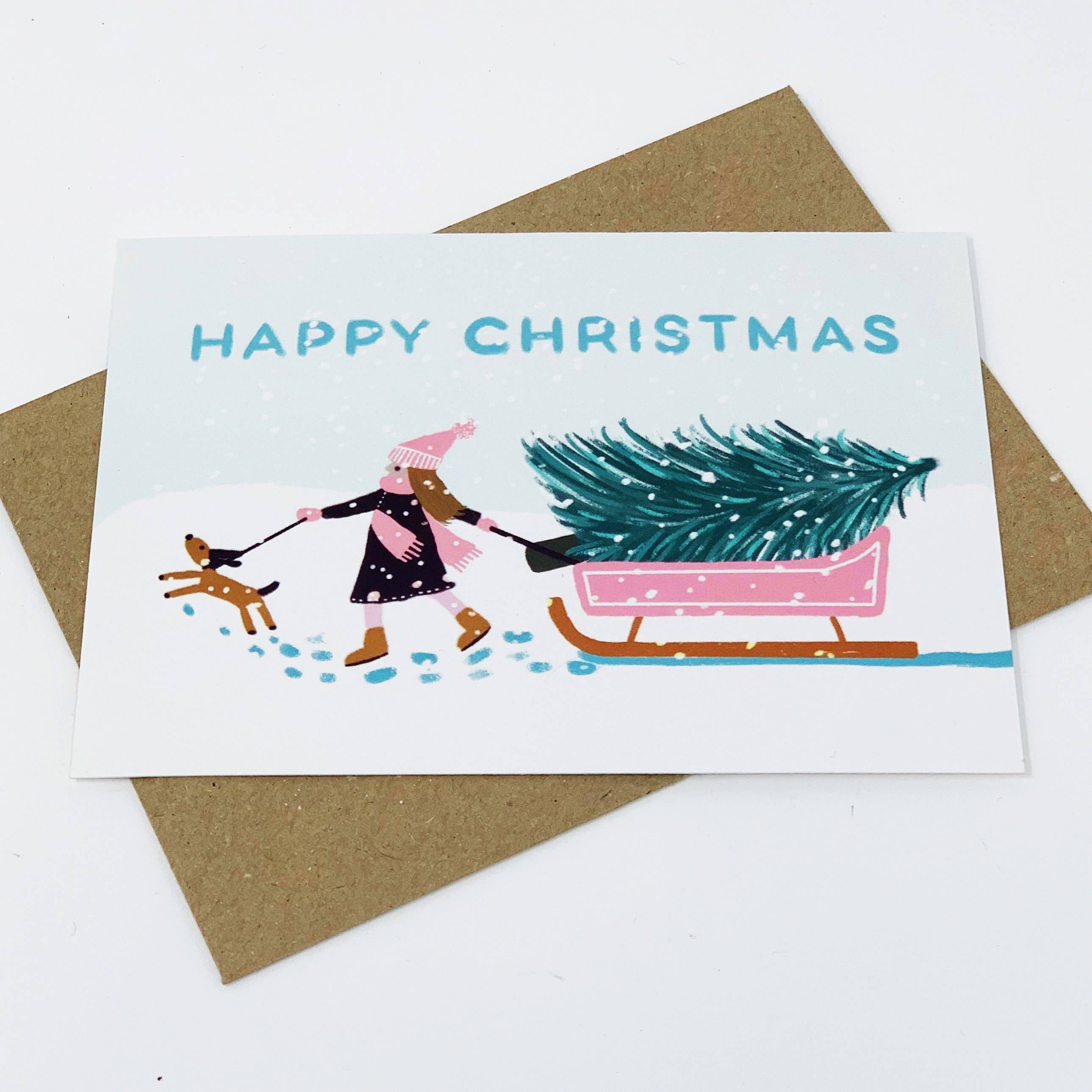 Lomond Paper Co – wholesale Christmas card – Girl with Pink Sledge - Happy Christmas5