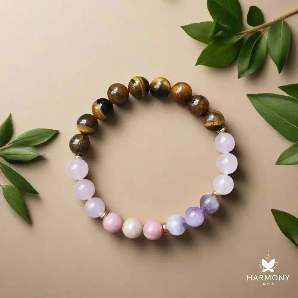 Harmony Mala - Vente Collier de prière en perles - Collier Mala en œil de tigre, améthyste, quartz rose et rhodonite0