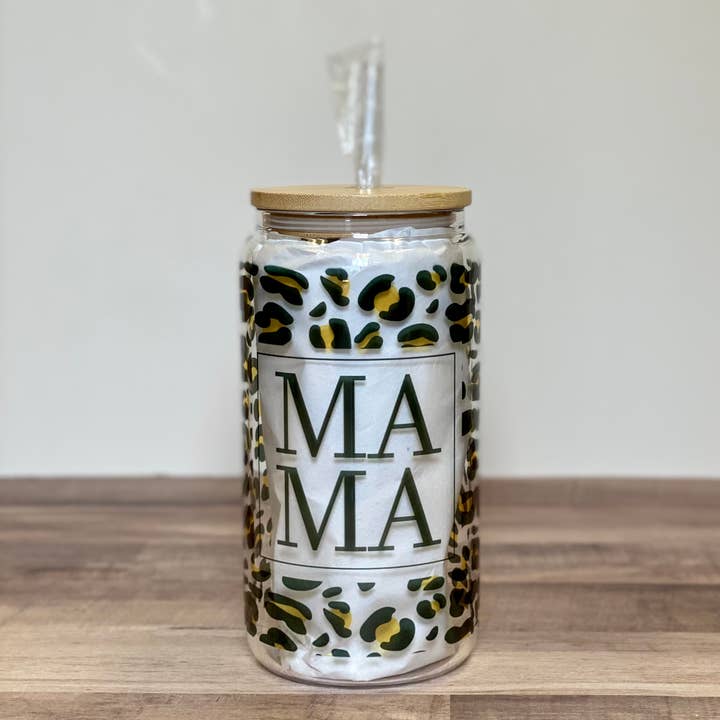 Mama Cheetah/Leopard 16oz Clear Glass Can Cup for wholesale by Made In Yuma