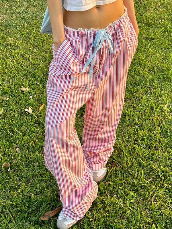 Summer Lace Panelled Straight-Leg Striped Trousers for wholesale by Rosa Clothing