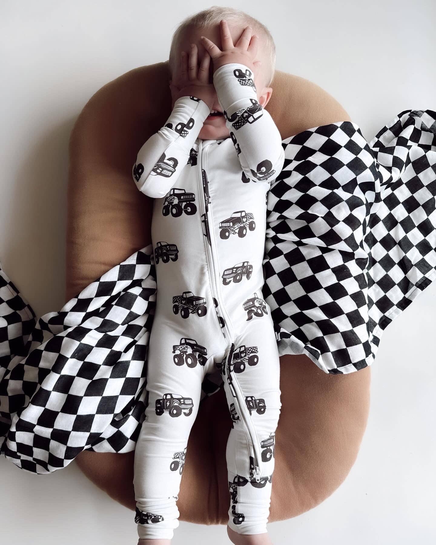 One Little Love Co - Wholesale Jumpsuit - Baby - Cream Monster Trucks | Bamboo Romper1