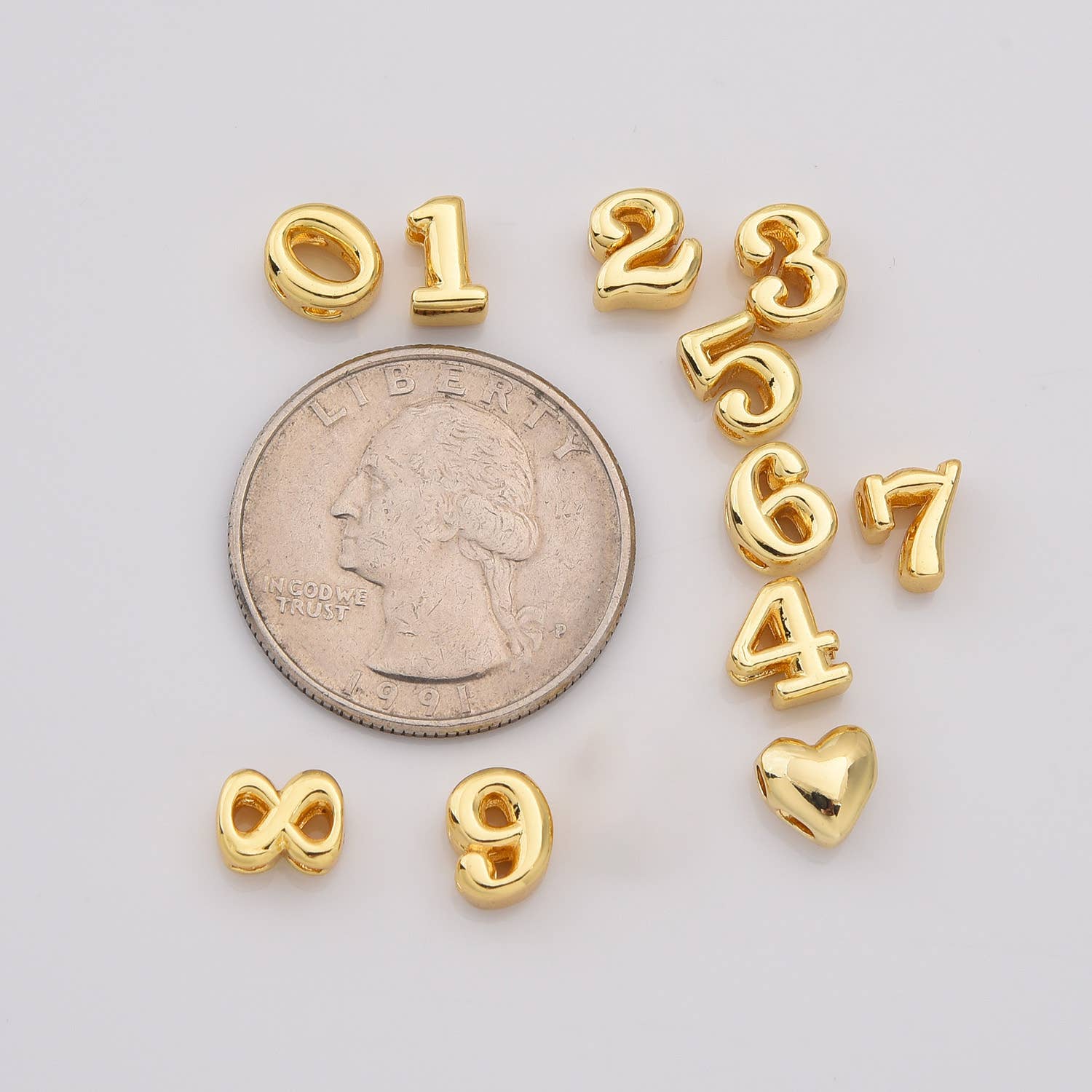 Beads Creation - Wholesale Individual Charm/Pendant - Gold Filled Balloon Number Beads 0–9 with Heart, BD1751