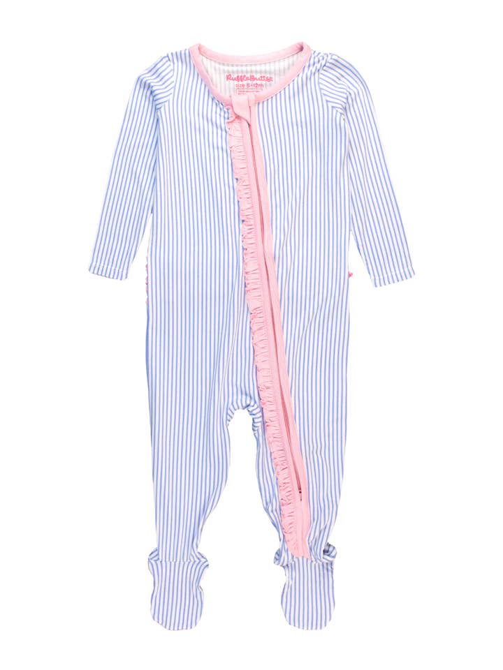 Baby Girls Periwinkle & White Micro Stripe Bamboo Viscose Footed Ruffle One Piece Pajama
for wholesale on Faire