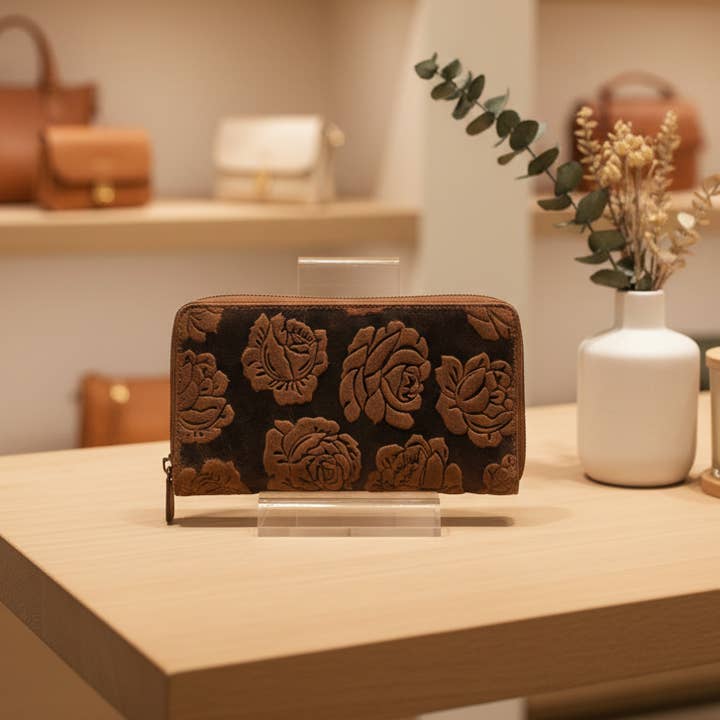 Portefeuille en cuir véritable pour femmes embossé – Marron (Rose) pour la vente par Alta Quero