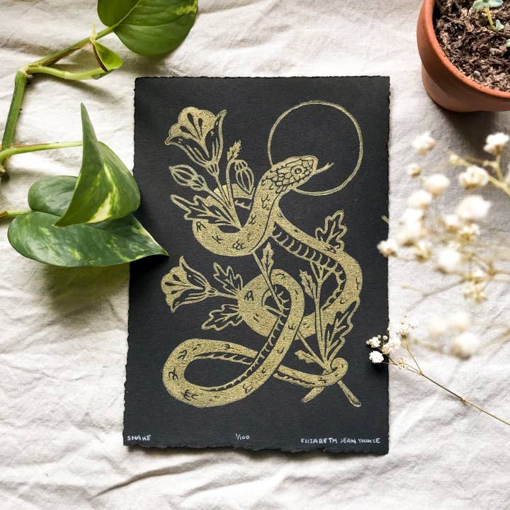 Mustard Beetle - Wholesale Art Print - Snake & Poppies Handprinted Linocut on Handmade Paper 5x7"